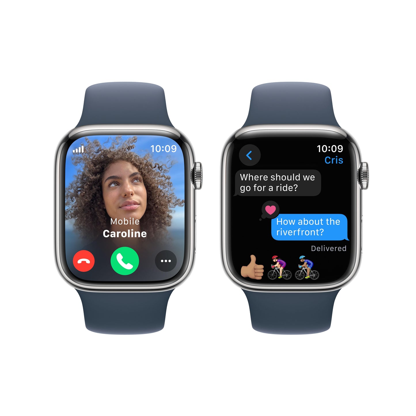 Apple Watch Series 9 GPS + Cellular 45mm Silver Stainless Steel Case with Storm Blue Sport Band - S/M